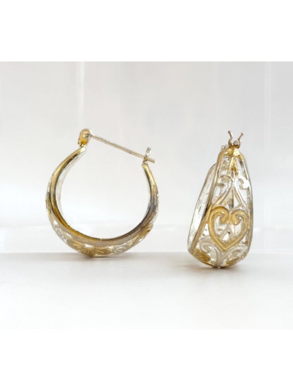 Heart Cutout Sterling Dual Silver & Gold Overlay 925 Hoop Vintage Earrings